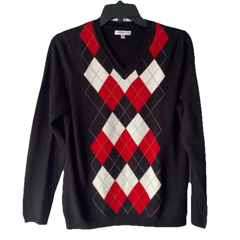 Croft Barrow Womans V Neck Argyle‎ Knit Sweater M Preppy Academia Career Classic
